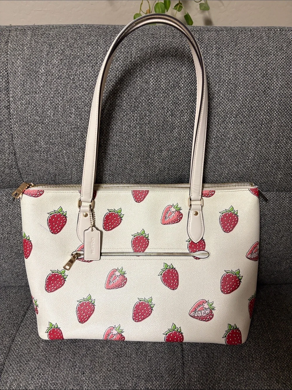 Coach Cream Tote with Red Strawberry Print